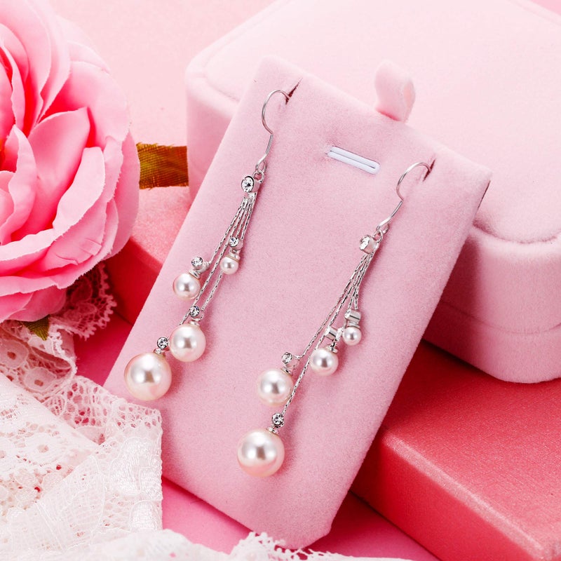 EleQueen Women's Silver-tone Crystal Simulated Pearl 4 Chain Bridal Long Dangle Hook Earrings Ivory Color - Image 4